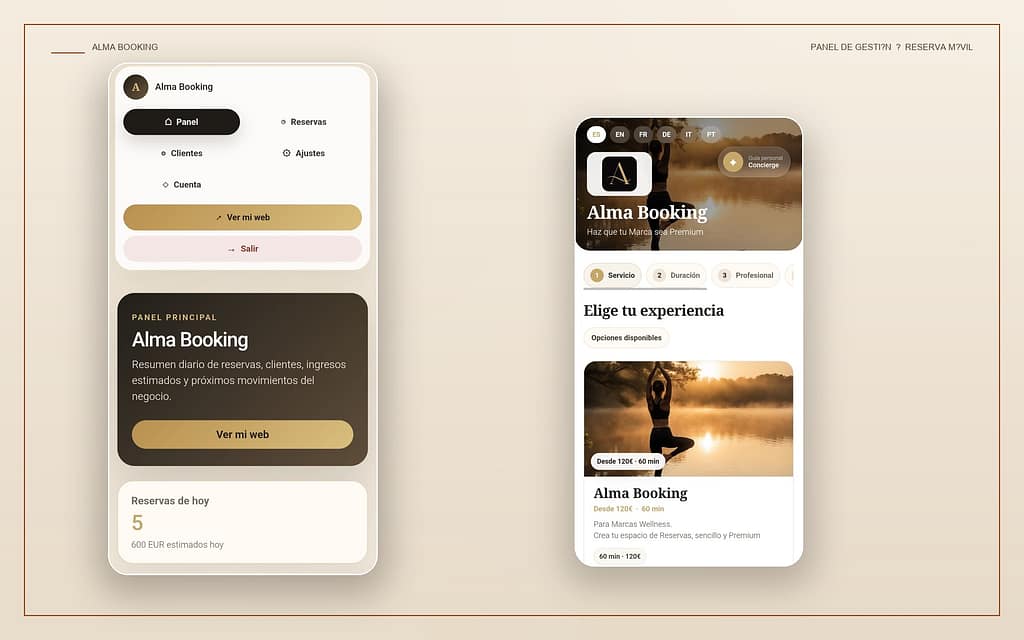 Capturas reales del panel y de la reserva movil de Alma Booking