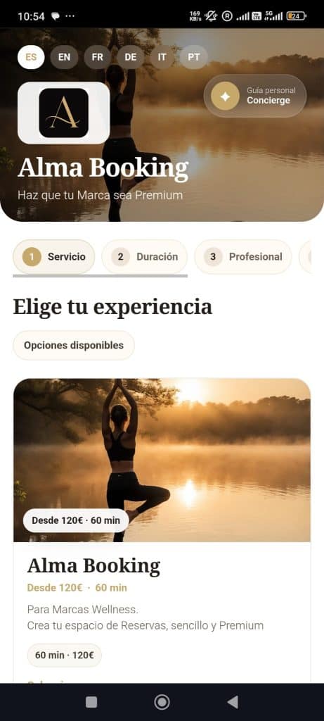 Pantalla movil de Alma Booking con la seleccion de experiencia y la disponibilidad